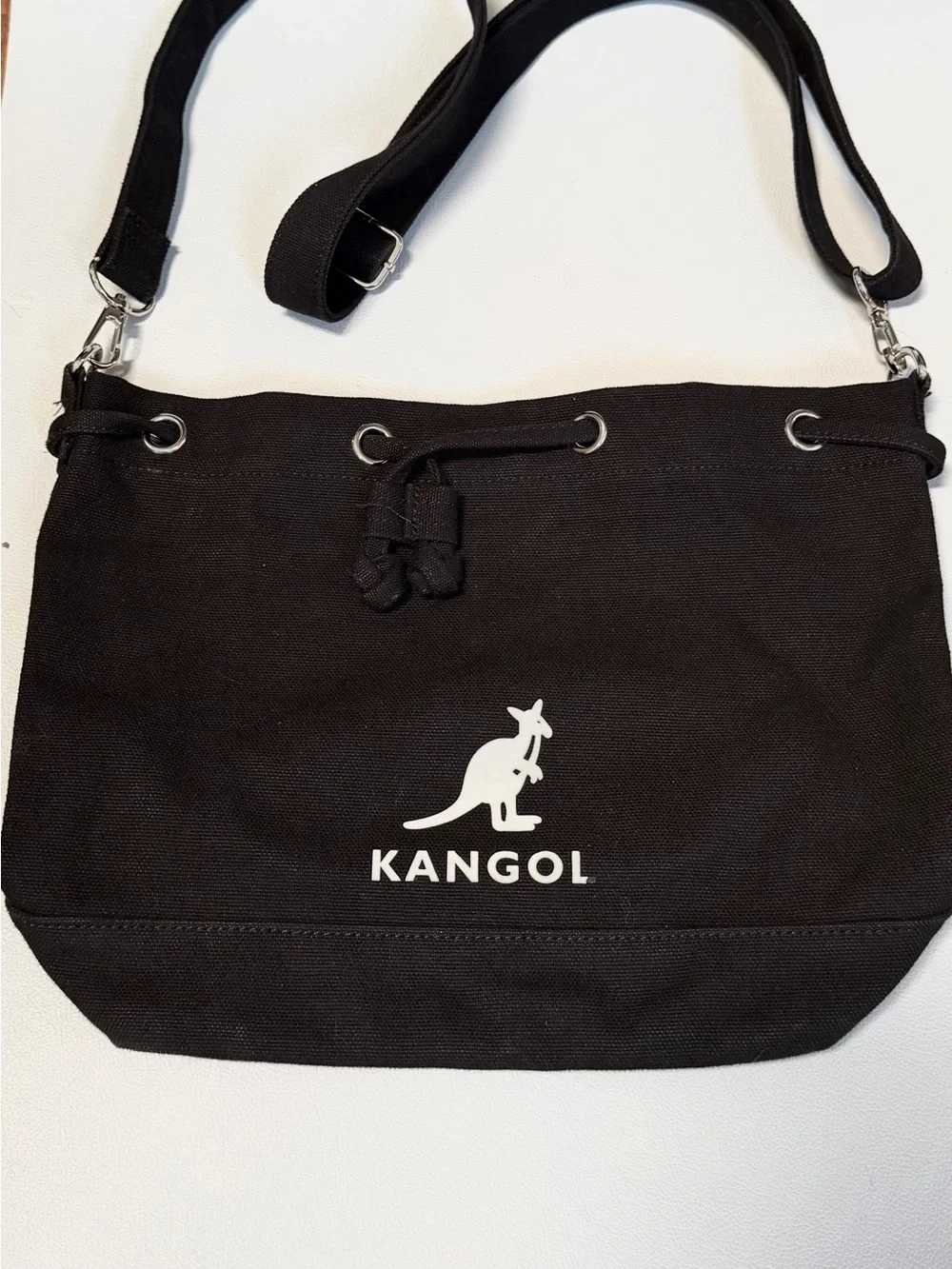 Kangol Black Drawstring Crossbody Bucket Bag Shoulder Purse Logo